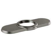 Black stainless steel escutcheon with oval mounting plate and circular center opening for faucet installation.