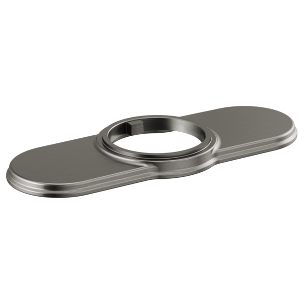 Black stainless steel escutcheon with oval mounting plate and circular center opening for faucet installation.
