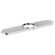 Chrome-finished metal escutcheon with elongated oval base and circular center ring.
