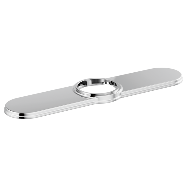 Chrome-finished metal escutcheon with elongated oval base and circular center ring.