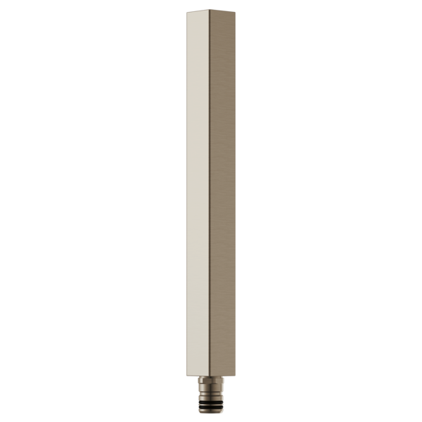 Tall brushed nickel square shower column extension with threaded connector base.