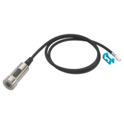 Stainless steel kitchen faucet sprayer head with black braided hose and blue connector attachment.