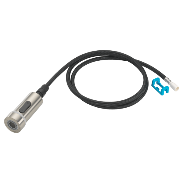Stainless steel kitchen faucet sprayer head with black braided hose and blue connector attachment.