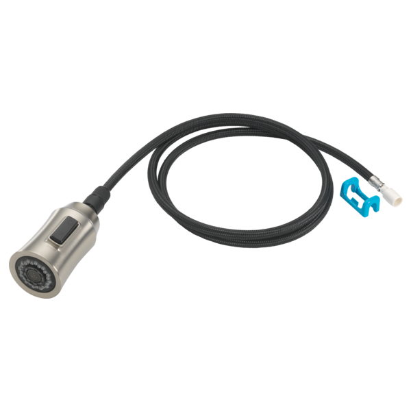 Stainless steel faucet wand assembly with black braided hose and connector clip.