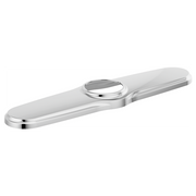 Chrome and white kitchen faucet escutcheon with oval opening and rounded edges.
