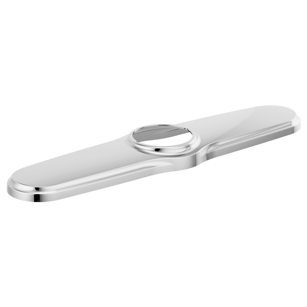 Chrome and white kitchen faucet escutcheon with oval opening and rounded edges.