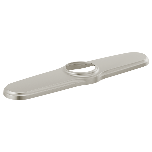 Brushed nickel elongated escutcheon plate with oval center hole for kitchen faucet installation.