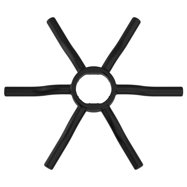 Black six-arm actuator with central circular hub and cylindrical arms extending outward.