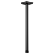 Matte black ceiling-mounted shower arm with square flange and 14-inch length.