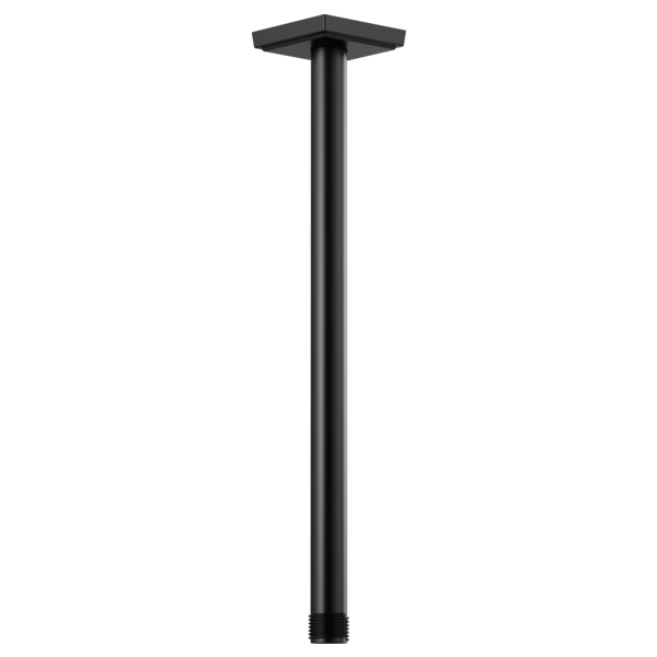 Matte black ceiling-mounted shower arm with square flange and 14-inch length.
