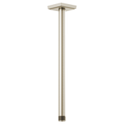 Brushed nickel ceiling mount shower arm with square flange and threaded connection, 14 inches long.