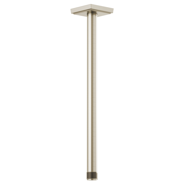 Brushed nickel ceiling mount shower arm with square flange and threaded connection, 14 inches long.