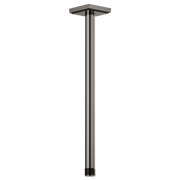 Black matte ceiling-mounted shower arm with square flange and threaded connector, 14 inches long.