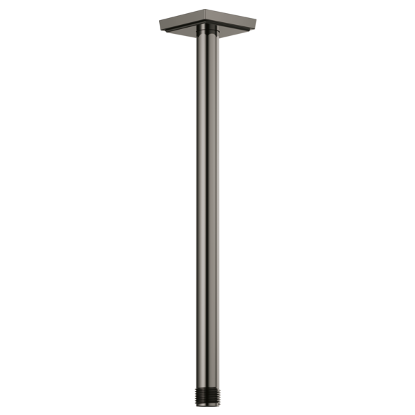 Black matte ceiling-mounted shower arm with square flange and threaded connector, 14 inches long.