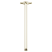 Polished nickel ceiling mount shower arm with square flange, 14 inches long, vertical orientation.