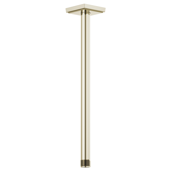 Polished nickel ceiling mount shower arm with square flange, 14 inches long, vertical orientation.