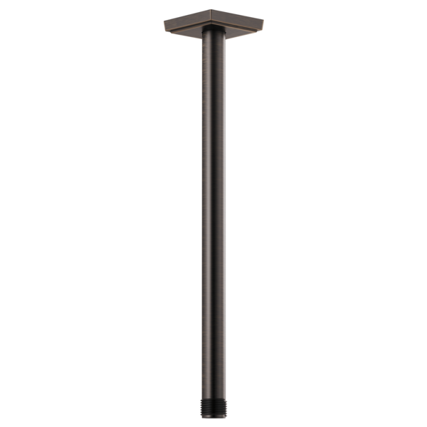 Venetian bronze ceiling mount shower arm with square flange, 14 inches long.