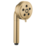 Luxe gold round handheld showerhead with multiple spray jets and curved handle.