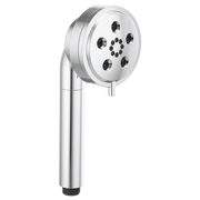 Chrome round handheld showerhead with multiple spray nozzles and cylindrical handle.