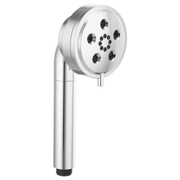 Chrome round handheld showerhead with multiple spray nozzles and cylindrical handle.