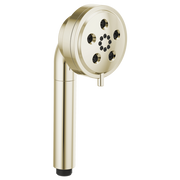 Polished nickel round multi-function handshower with circular spray face and multiple jet openings on handle grip.