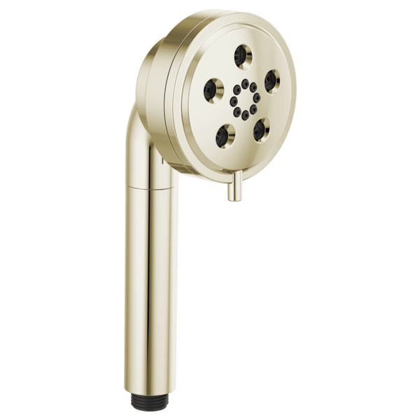 Polished nickel round multi-function handshower with circular spray face and multiple jet openings on handle grip.