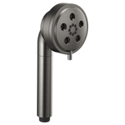 Luxe steel round handheld showerhead with multiple spray jets and angled handle grip.