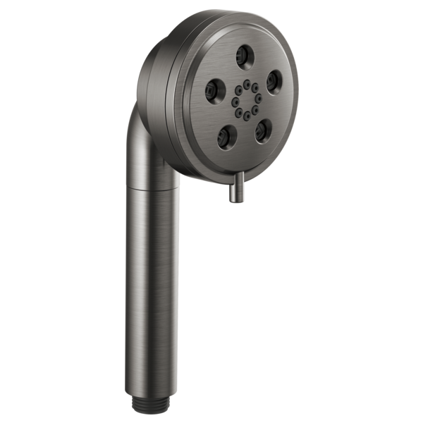 Luxe steel round handheld showerhead with multiple spray jets and angled handle grip.