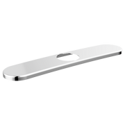 Chrome kitchen faucet escutcheon plate with oval opening and polished metal finish.