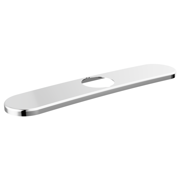 Chrome kitchen faucet escutcheon plate with oval opening and polished metal finish.