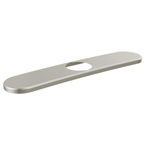 Brushed nickel elongated faucet escutcheon with single hole opening for kitchen sink installation.
