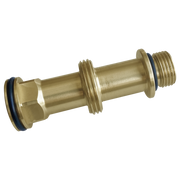 Brass tub spout adapter with threaded ends and rubber seals on both sides.