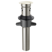 Polished nickel push pop drain with overflow, featuring brushed metal cylinder and black rubber collar with side handles.