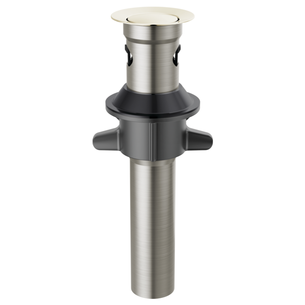 Polished nickel push pop drain with overflow, featuring brushed metal cylinder and black rubber collar with side handles.