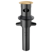 Champagne bronze push-pop drain assembly with overflow ports and cylindrical body for sink installation.