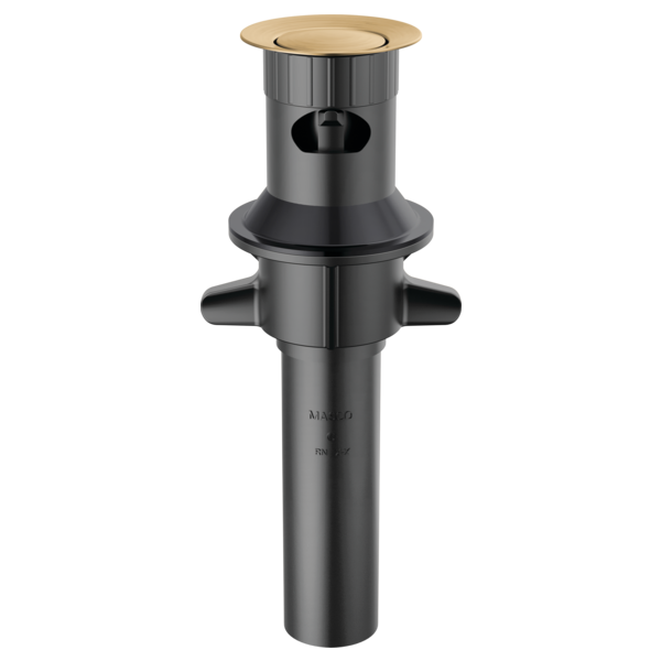 Champagne bronze push-pop drain assembly with overflow ports and cylindrical body for sink installation.