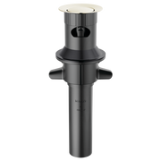 Polished nickel push-pop drain assembly with overflow opening and side handles for sink installation.