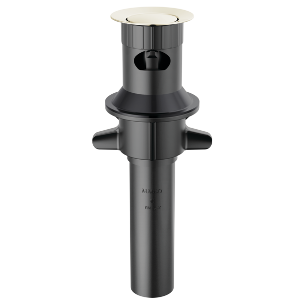 Polished nickel push-pop drain assembly with overflow opening and side handles for sink installation.