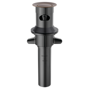 Venetian bronze push pop drain assembly with overflow port and cylindrical body for sink installation.