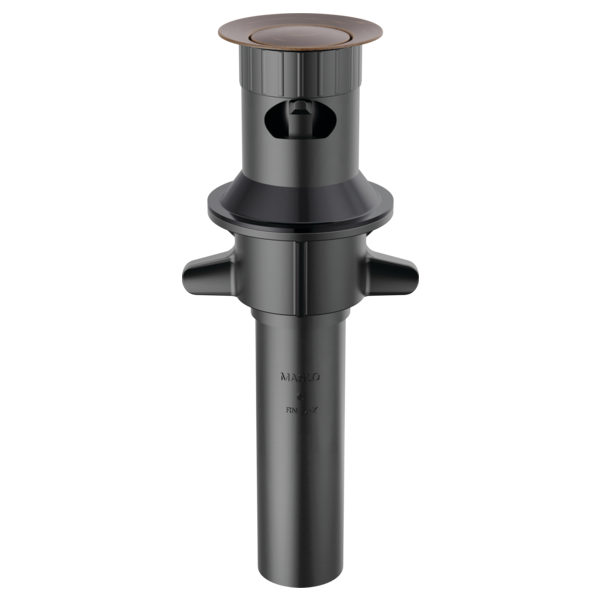 Venetian bronze push pop drain assembly with overflow port and cylindrical body for sink installation.