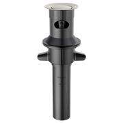 Stainless steel push pop drain assembly with overflow ports and circular top flange for sink installation.