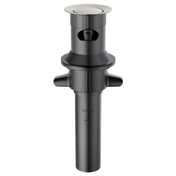 Stainless steel push pop drain assembly with overflow ports and circular top flange for sink installation.