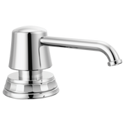 Chrome soap/lotion dispenser with cylindrical pump head and curved spout on circular base.