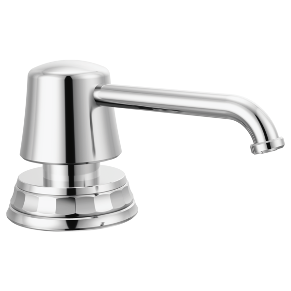 Chrome soap/lotion dispenser with cylindrical pump head and curved spout on circular base.