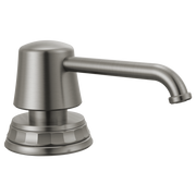 Stainless steel soap dispenser with cylindrical pump head and curved spout on round base.