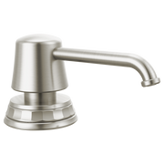 Stainless steel soap/lotion dispenser with cylindrical pump head and curved spout on round base.