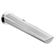 Chrome wall-mounted bathroom sink spout with tapered rectangular outlet and round mounting flange.