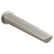 Stainless steel wall-mounted bathroom faucet spout with angled rectangular outlet and circular mounting flange.