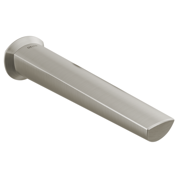 Stainless steel wall-mounted bathroom faucet spout with angled rectangular outlet and circular mounting flange.