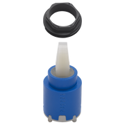 Black rubber ring and blue cartridge body with white stem and gray adjustment ports for Delta faucet.